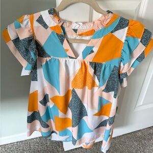entro Colorblock Flutter Sleeve Blouse in Peach, Turquoise & Mustard
